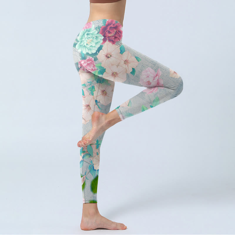 Leggings de fitness para gimnasio con estampado de flores de peonía coloridas y Buddha Stones para mujer - image 3