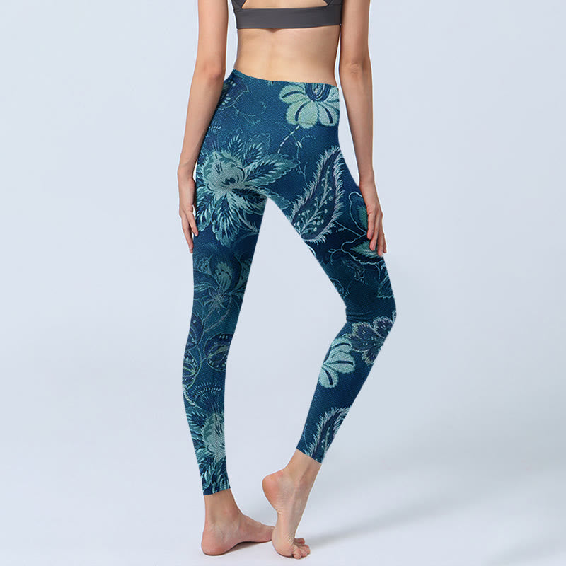 Leggings deportivos de fitness con estampado de flores azules y Buddha Stones para mujer - image 4