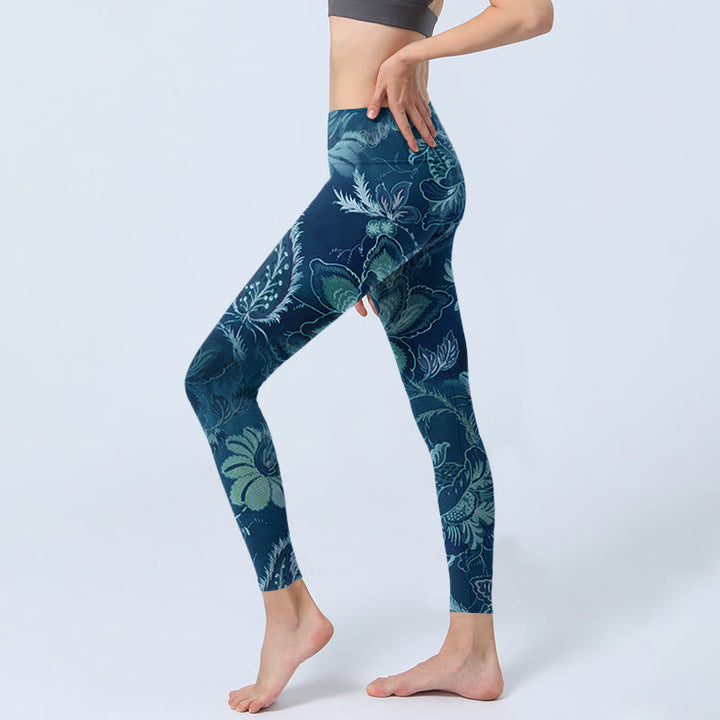 Leggings deportivos de fitness con estampado de flores azules y Buddha Stones para mujer - image 2