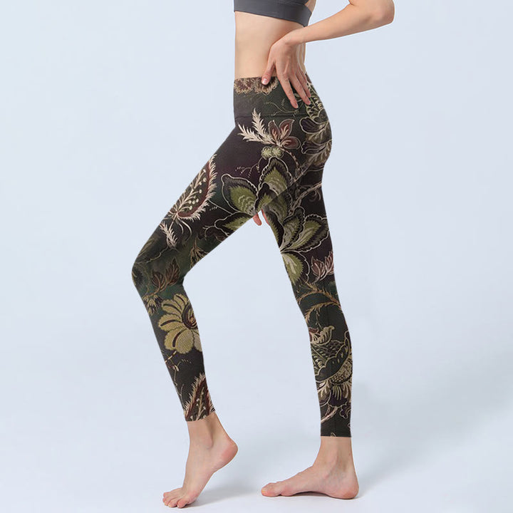 Leggings deportivos de fitness con estampado floral de oliva y Buddha Stones para mujer - image 2