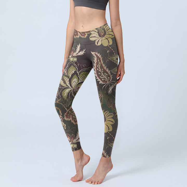 Leggings deportivos de fitness con estampado floral de oliva y Buddha Stones para mujer - Aceituna - US18，UK/AU22，EU50 (4XL) - image 0