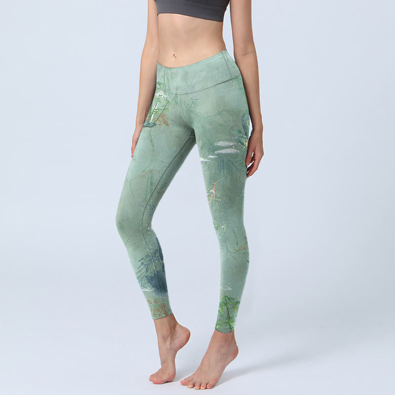 Leggings deportivos de fitness con estampado de piedras de bambú verde y Buddha Stones para mujer - Gotas de miel - US18，UK/AU22，EU50 (4XL) - image 1