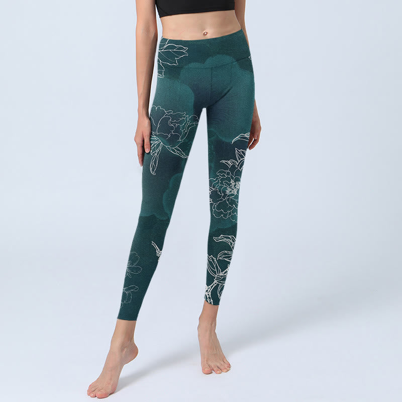 Leggings de fitness para gimnasio con estampado de flores de peonía, urraca y mariposas y Buddha Stones para mujer - image 5