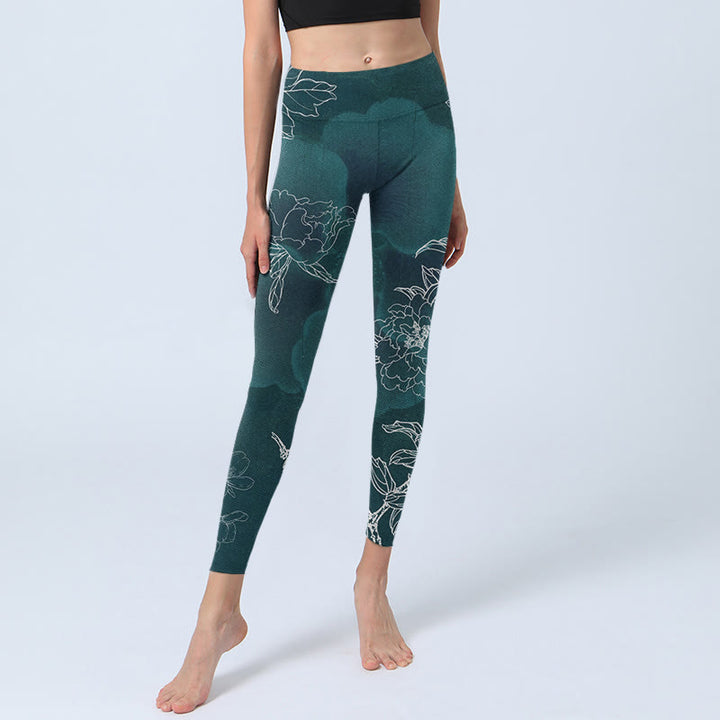 Leggings de fitness para gimnasio con estampado de flores de peonía, urraca y mariposas y Buddha Stones para mujer - image 5