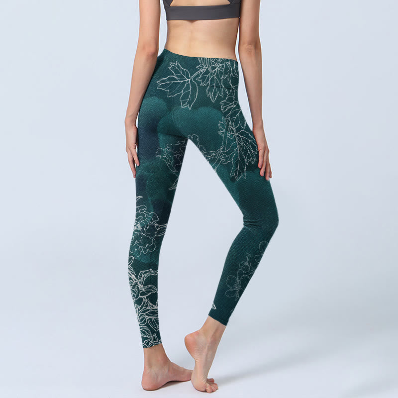 Leggings de fitness para gimnasio con estampado de flores de peonía, urraca y mariposas y Buddha Stones para mujer - image 4