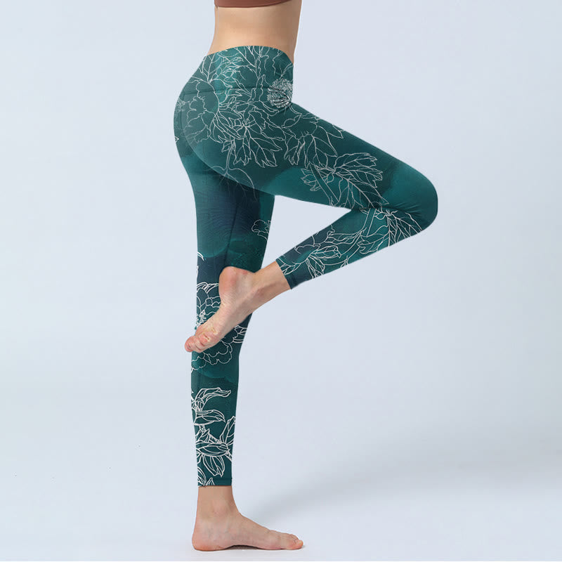 Leggings de fitness para gimnasio con estampado de flores de peonía, urraca y mariposas y Buddha Stones para mujer - image 4