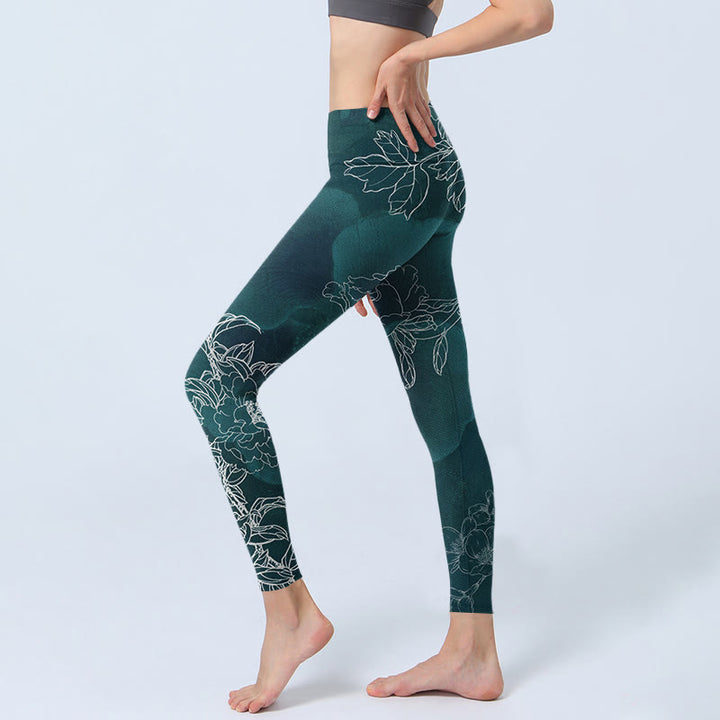 Leggings de fitness para gimnasio con estampado de flores de peonía, urraca y mariposas y Buddha Stones para mujer - image 2