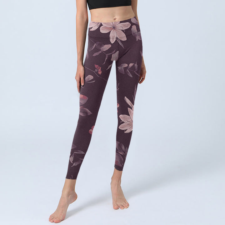 Leggings de fitness para gimnasio con estampado de flores blancas, hojas y Buddha Stones, color morado, para mujer - image 5