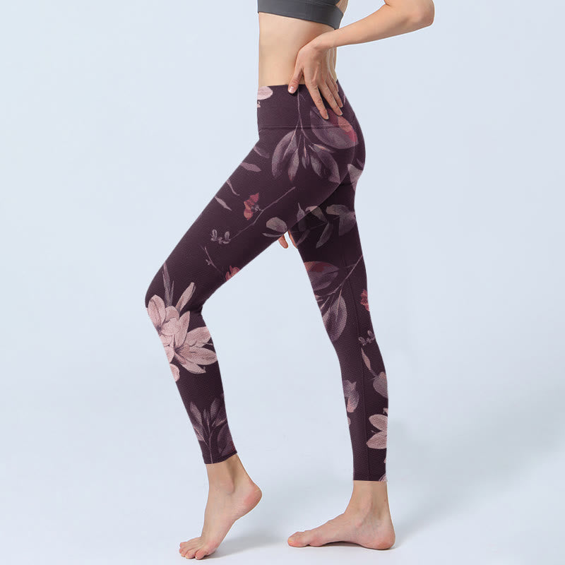 Leggings de fitness para gimnasio con estampado de flores blancas, hojas y Buddha Stones, color morado, para mujer - image 2