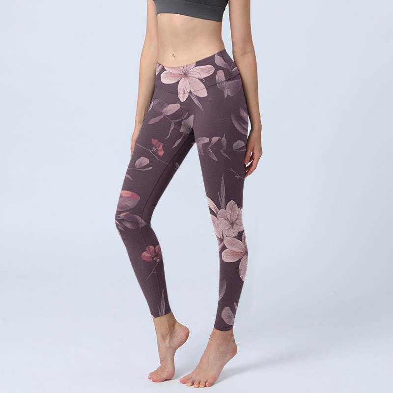 Leggings de fitness para gimnasio con estampado de flores blancas, hojas y Buddha Stones, color morado, para mujer - Cardo - US18，UK/AU22，EU50 (4XL) - image 1