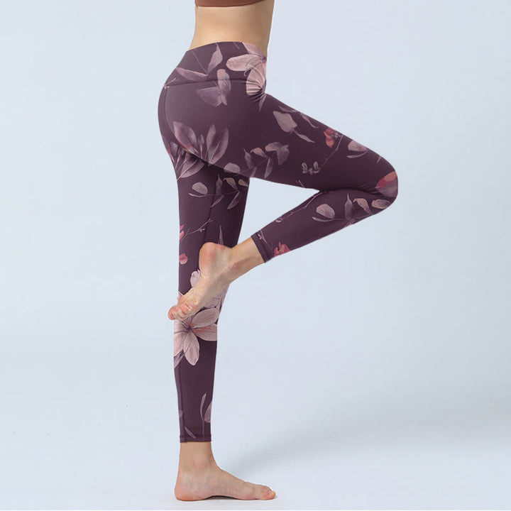 Leggings de fitness para gimnasio con estampado de flores blancas, hojas y Buddha Stones, color morado, para mujer - image 3