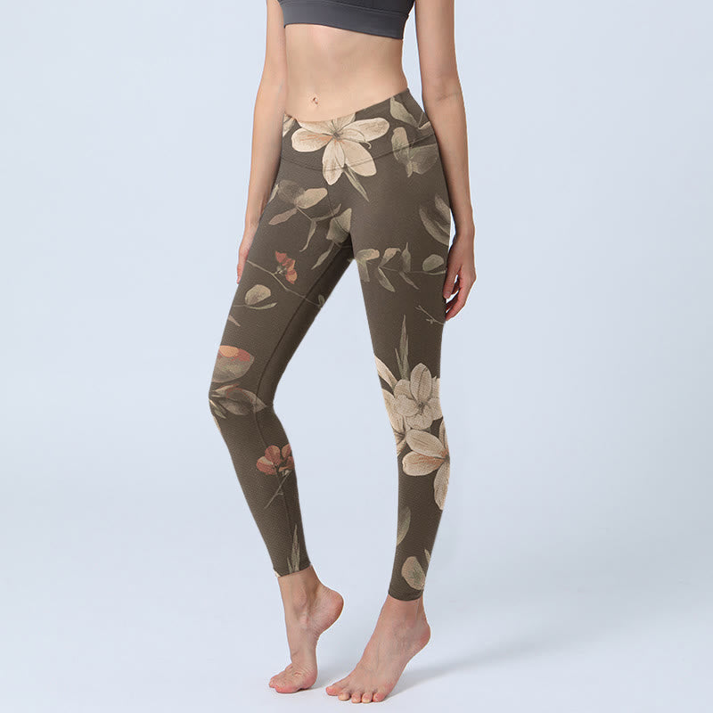 Leggings de fitness para gimnasio con estampado de flores blancas, hojas y Buddha Stones, color morado, para mujer - Caqui oscuro - US18，UK/AU22，EU50 (4XL) - image 8
