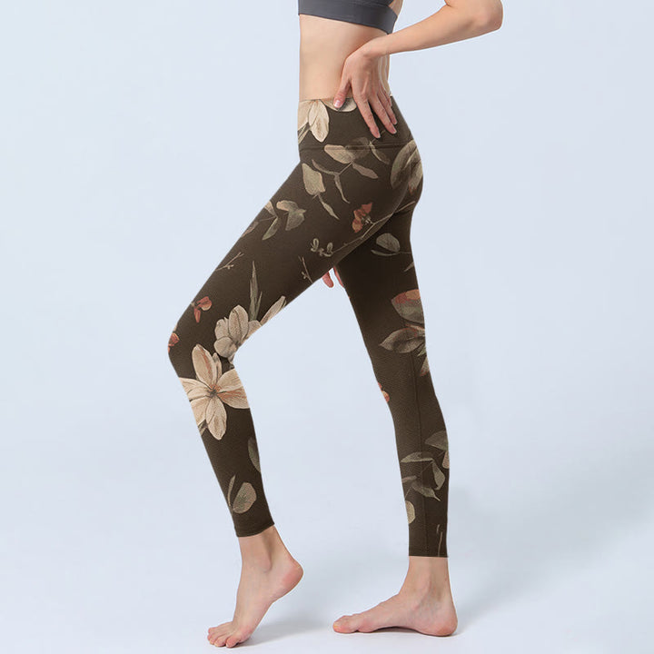 Leggings de fitness para gimnasio con estampado de flores blancas, hojas y Buddha Stones, color morado, para mujer - image 10