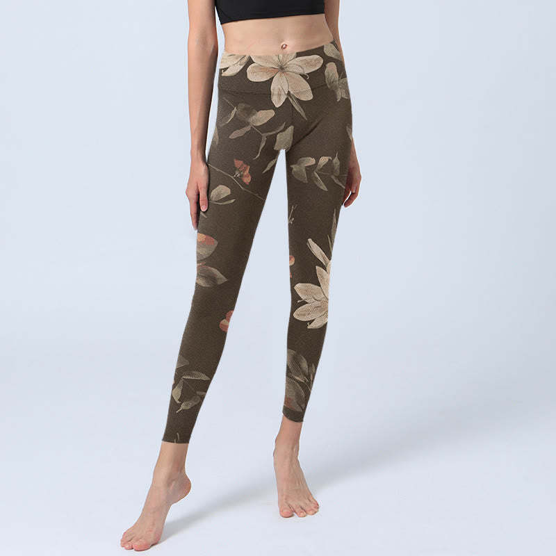 Leggings de fitness para gimnasio con estampado de flores blancas, hojas y Buddha Stones, color morado, para mujer - image 13