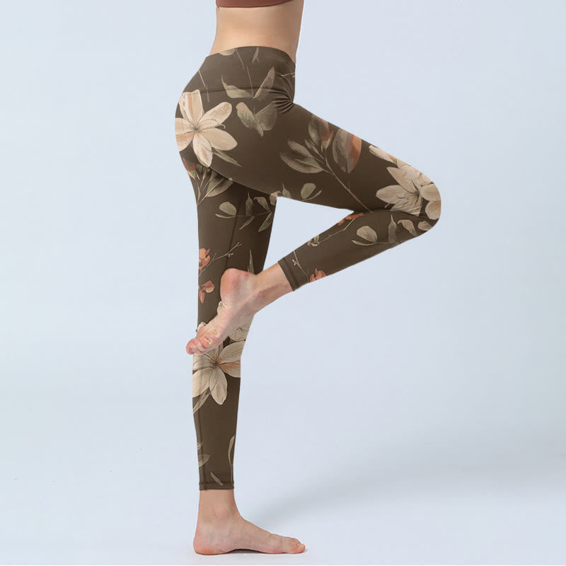 Leggings de fitness para gimnasio con estampado de flores blancas, hojas y Buddha Stones, color morado, para mujer - image 12