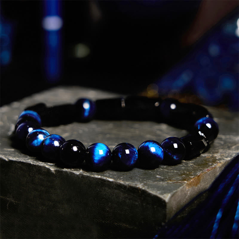 Pulsera de fuerza con turmalina negra y ojo de tigre azul de Buddha Stones