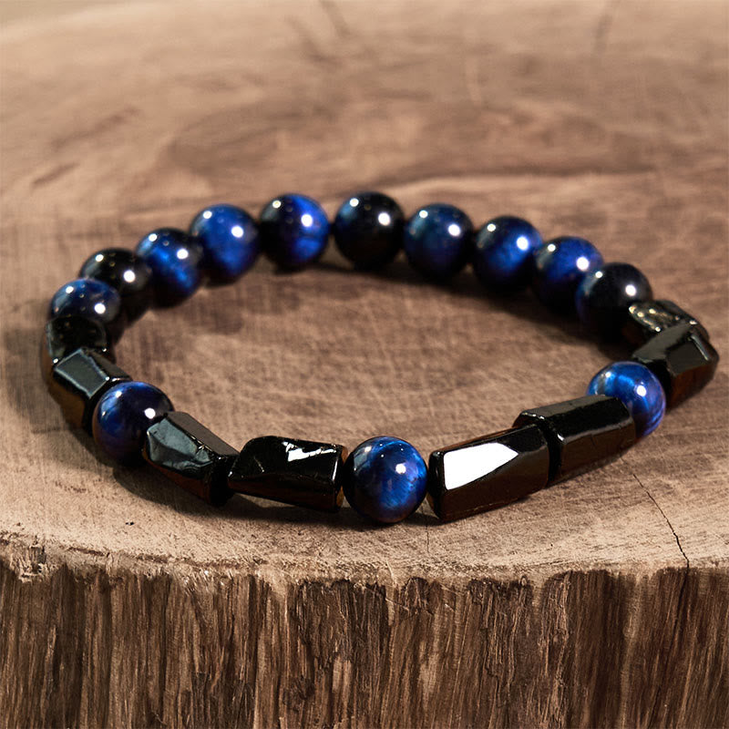 Pulsera de fuerza con turmalina negra y ojo de tigre azul de Buddha Stones