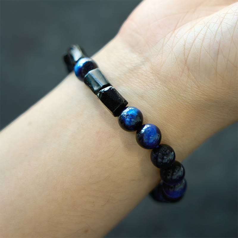 Pulsera de fuerza con turmalina negra y ojo de tigre azul de Buddha Stones