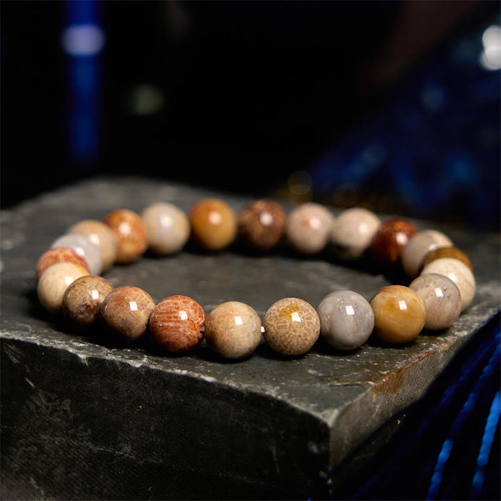 Pulsera de compasión de coral fósil con Buddha Stones