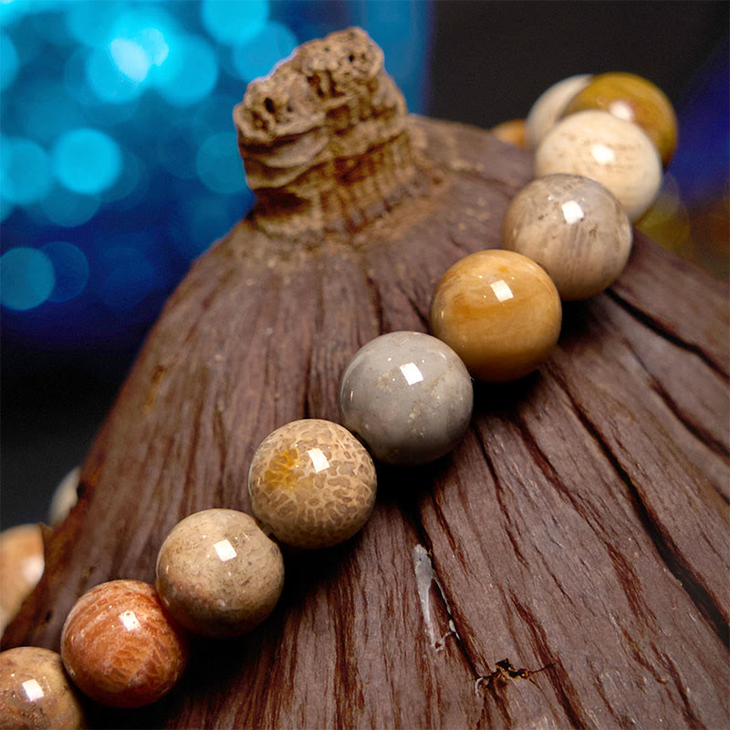 Pulsera de compasión de coral fósil con Buddha Stones