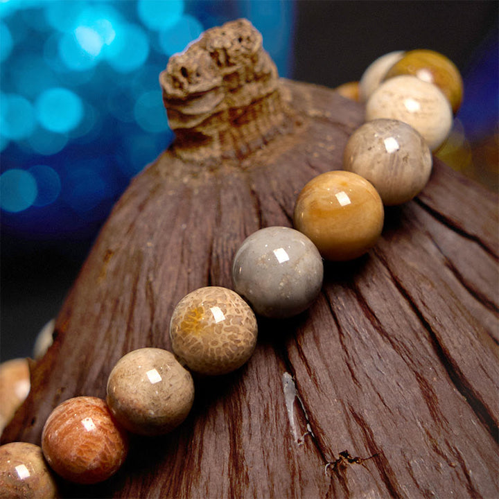 Pulsera de compasión de coral fósil con Buddha Stones