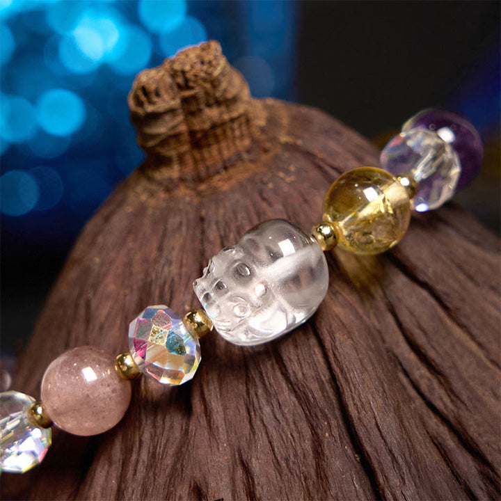 Pulsera de la suerte con amatista, cuarzo fresa verde y citrino de cristal blanco PiXiu de Buddha Stones