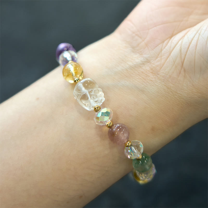 Pulsera de la suerte con amatista, cuarzo fresa verde y citrino de cristal blanco PiXiu de Buddha Stones