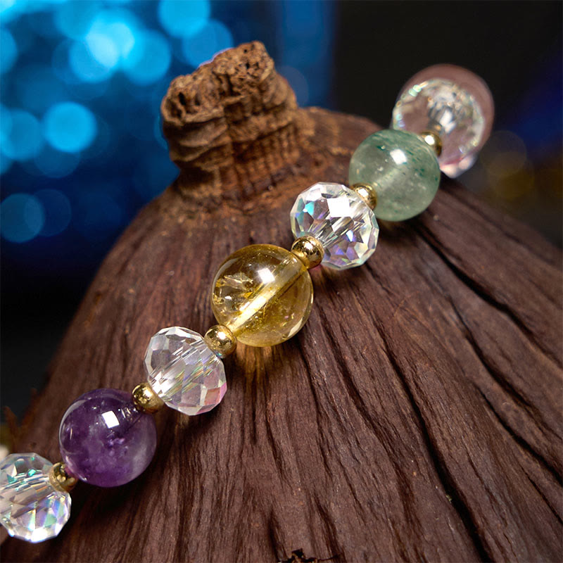 Pulsera de la suerte con amatista, cuarzo fresa verde y citrino de cristal blanco PiXiu de Buddha Stones