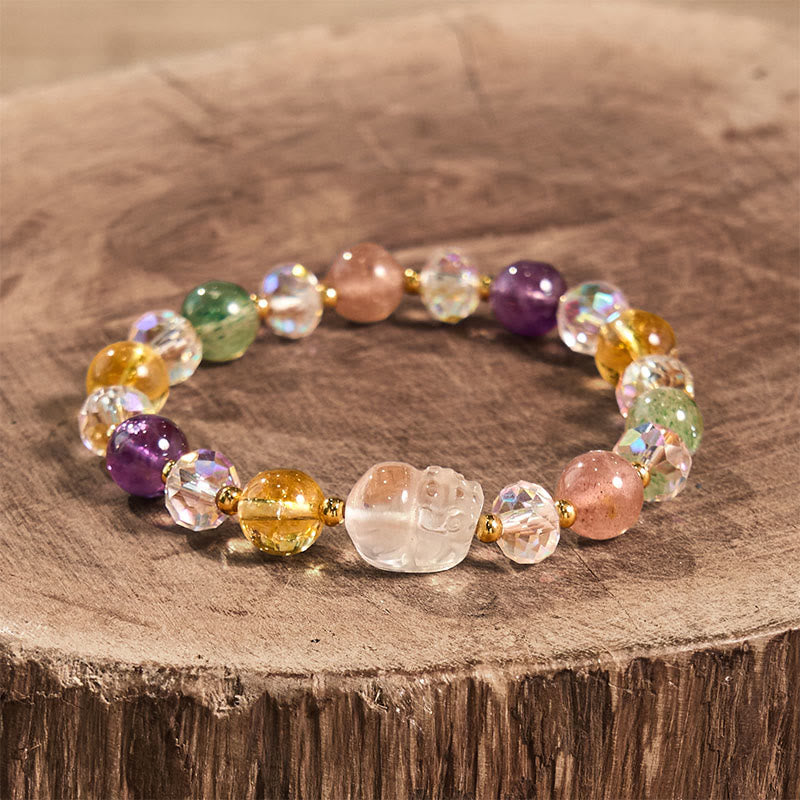 Pulsera de la suerte con amatista, cuarzo fresa verde y citrino de cristal blanco PiXiu de Buddha Stones