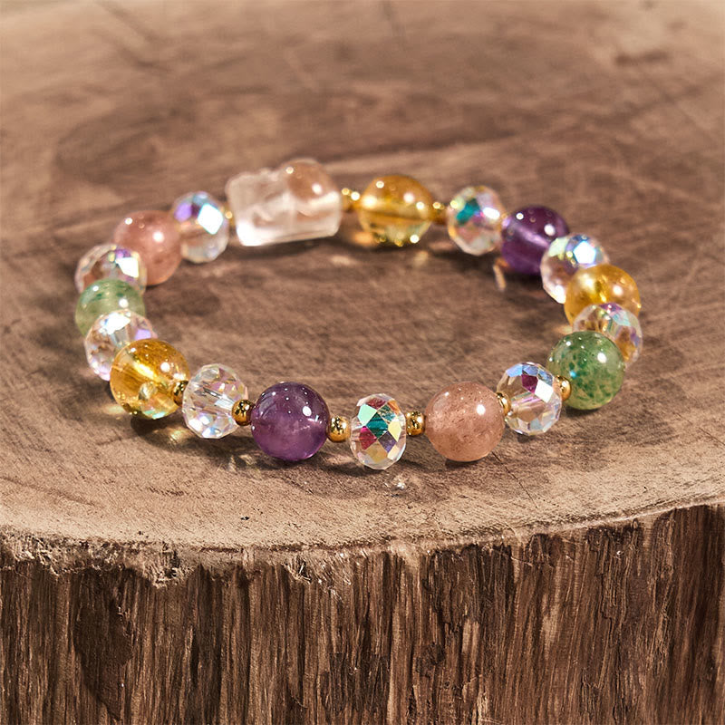 Pulsera de la suerte con amatista, cuarzo fresa verde y citrino de cristal blanco PiXiu de Buddha Stones