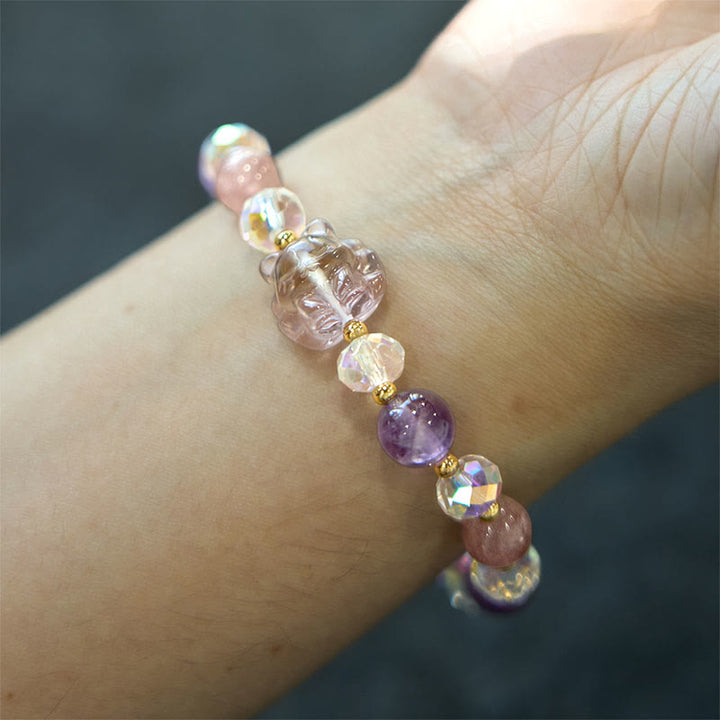 Pulsera de meditación de zorro de nueve colas con amatista, cuarzo fresa y cristal blanco de Buddha Stones