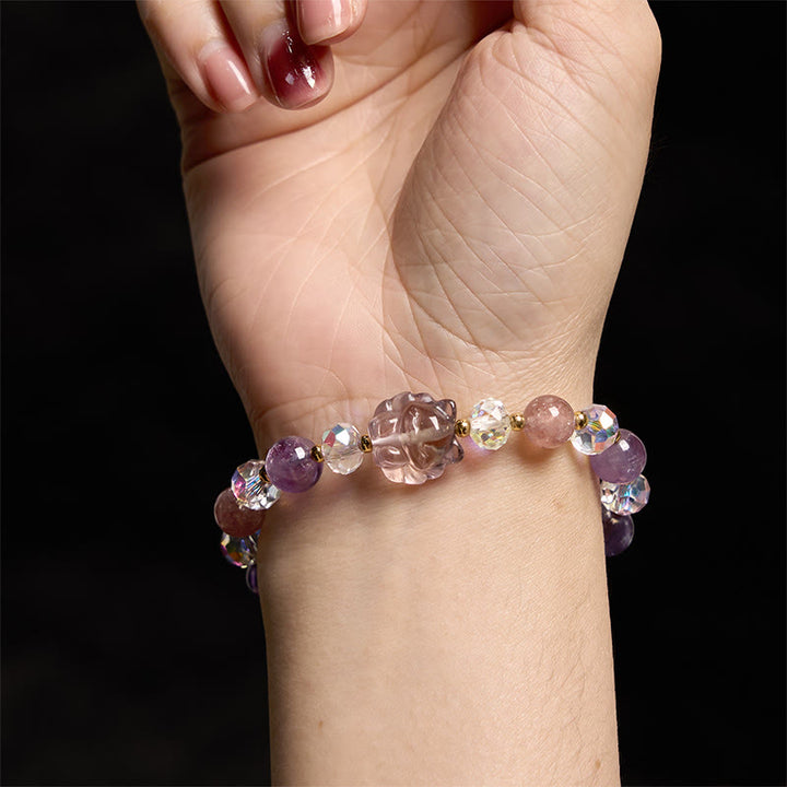 Pulsera de meditación de zorro de nueve colas con amatista, cuarzo fresa y cristal blanco de Buddha Stones