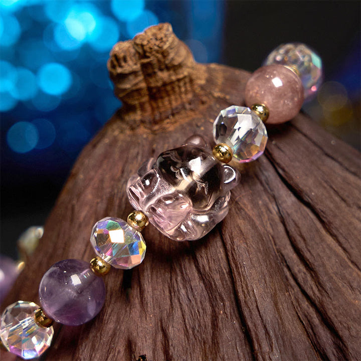 Pulsera de meditación de zorro de nueve colas con amatista, cuarzo fresa y cristal blanco de Buddha Stones