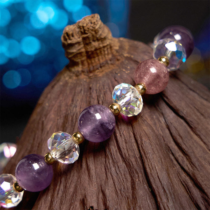 Pulsera de meditación de zorro de nueve colas con amatista, cuarzo fresa y cristal blanco de Buddha Stones
