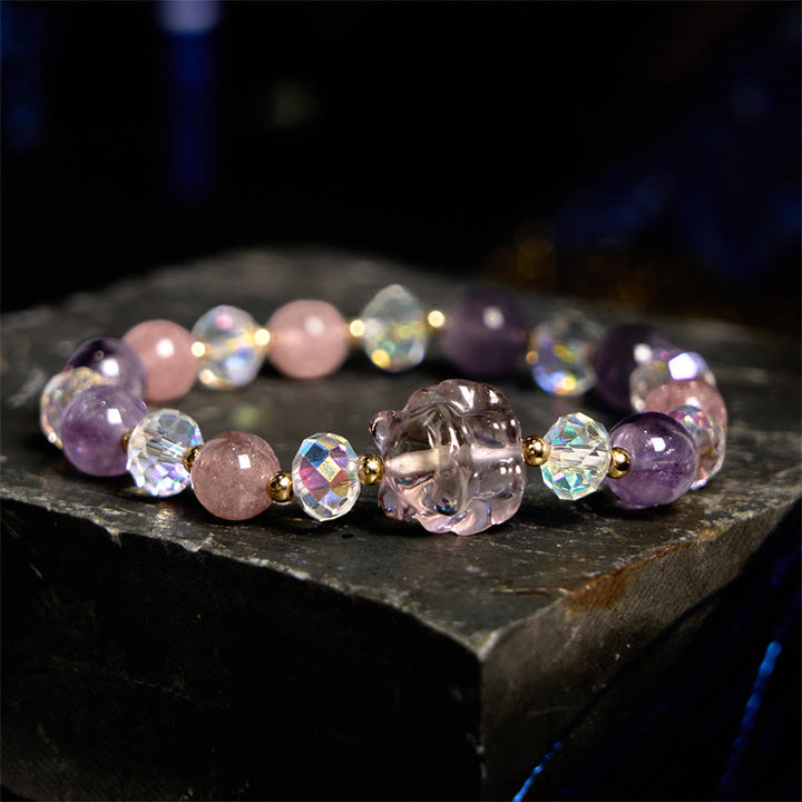 Pulsera de meditación de zorro de nueve colas con amatista, cuarzo fresa y cristal blanco de Buddha Stones