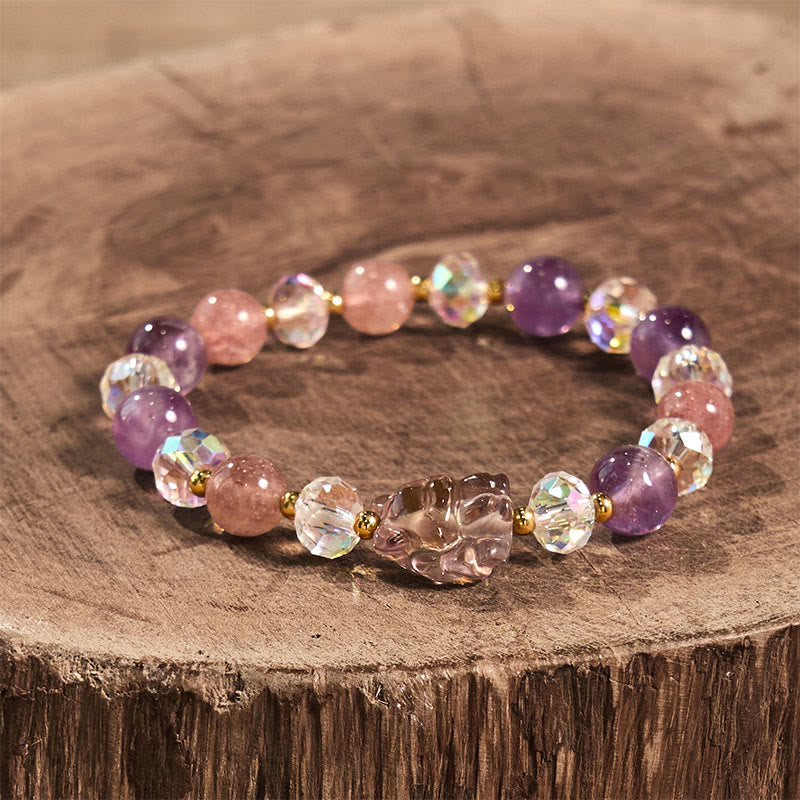 Pulsera de meditación de zorro de nueve colas con amatista, cuarzo fresa y cristal blanco de Buddha Stones