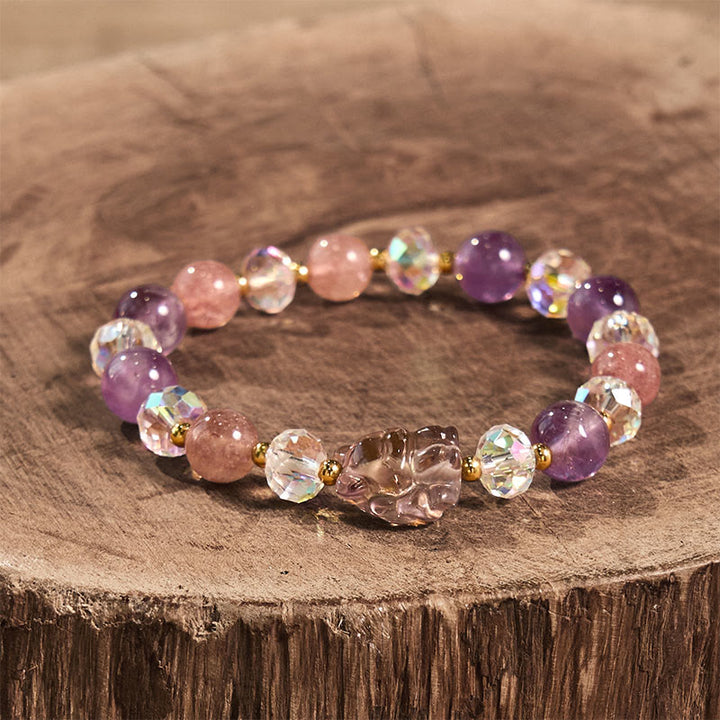 Pulsera de meditación de zorro de nueve colas con amatista, cuarzo fresa y cristal blanco de Buddha Stones