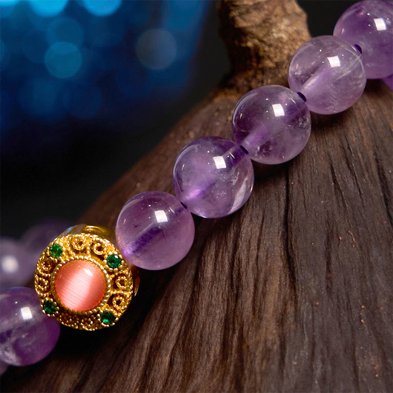 Pulsera de meditación de la fortuna con amatista y flor de durazno y piedras de Buddha Stones