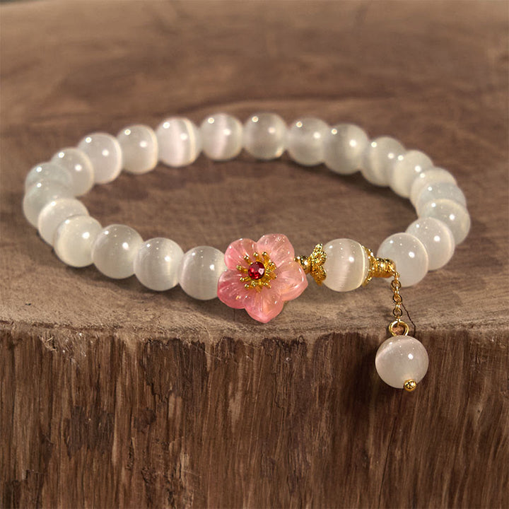 Pulsera de soporte con Buddha Stones, crisoberilo, ojo de gato y flores rosas