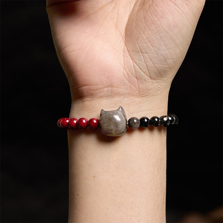 Pulsera de obsidiana negra con Buddha Stones, cinabrio y plata con brillo de gato - image 5