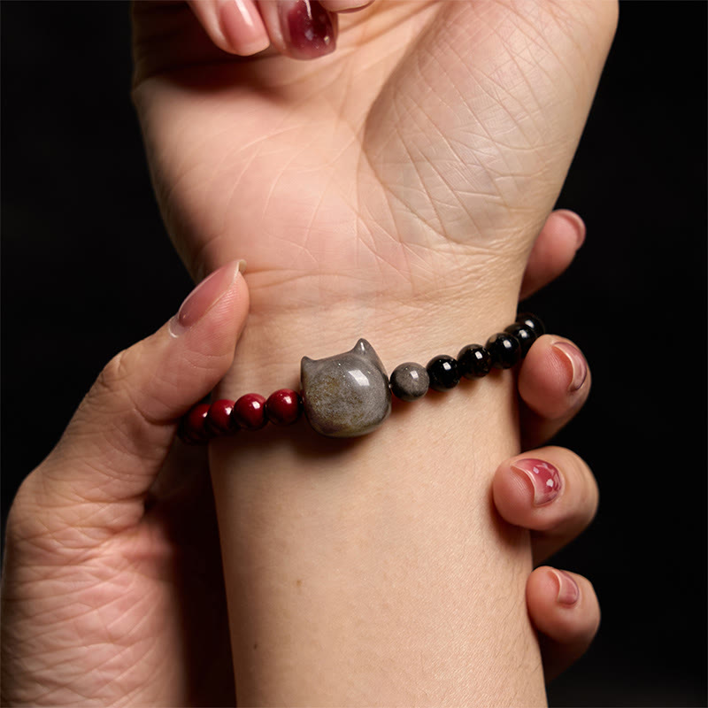 Pulsera de obsidiana negra con Buddha Stones, cinabrio y plata con brillo de gato - image 6