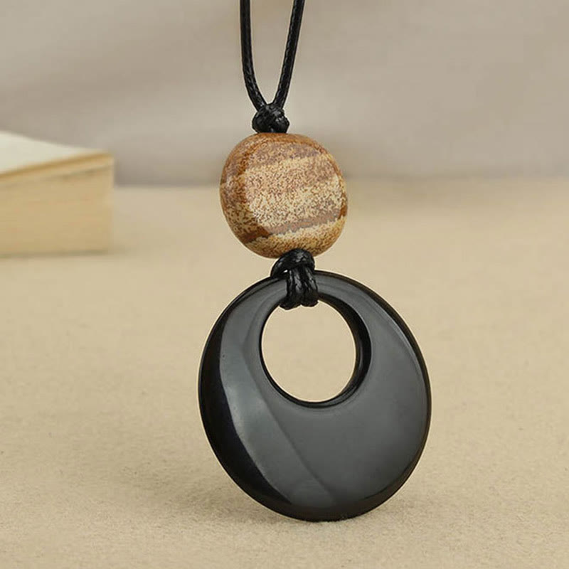 Collar con colgante de cobre con imagen de piedra de Liuli y obsidiana negra de Buddha Stones