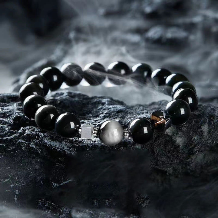 Pulsera de fuerza con obsidiana negra, ojo de águila y obsidiana dorada con brillo y ojo de tigre