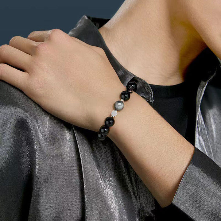 Pulsera de fuerza con obsidiana negra, ojo de águila y obsidiana dorada con brillo y ojo de tigre