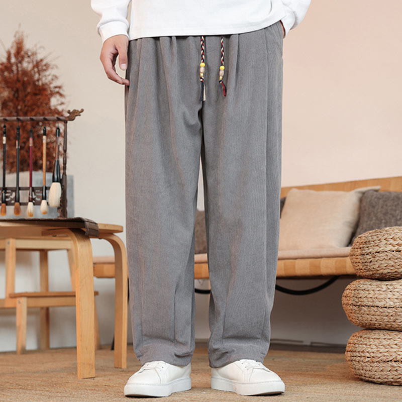 Pantalones de pana con cordón y bolsillos para hombre, color liso, otoño e invierno, de Buddha Stones - image 1