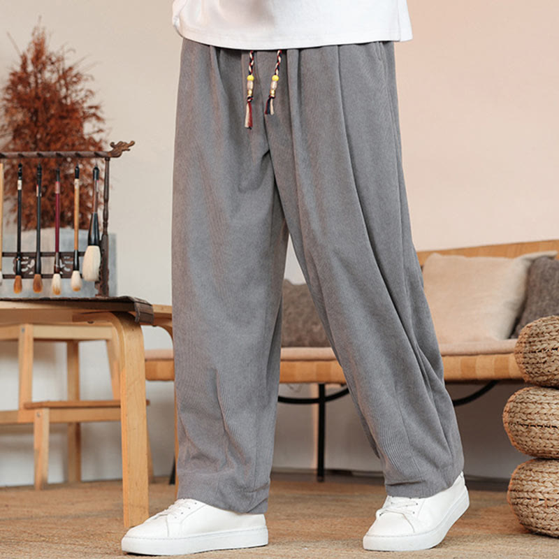 Pantalones de pana con cordón y bolsillos para hombre, color liso, otoño e invierno, de Buddha Stones - Gris - US/UK/AU46, EU56 (5XL) - image 0