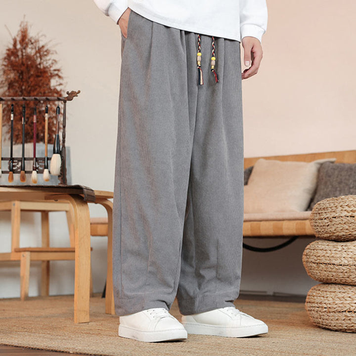 Pantalones de pana con cordón y bolsillos para hombre, color liso, otoño e invierno, de Buddha Stones - image 2