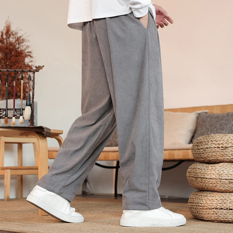 Pantalones de pana con cordón y bolsillos para hombre, color liso, otoño e invierno, de Buddha Stones - image 3
