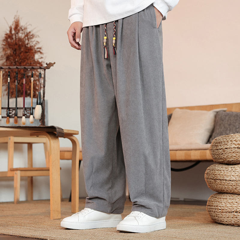 Pantalones de pana con cordón y bolsillos para hombre, color liso, otoño e invierno, de Buddha Stones - image 6