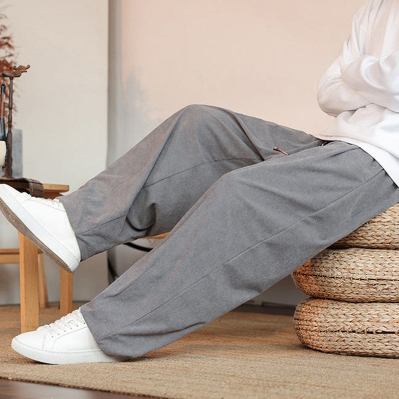 Pantalones de pana con cordón y bolsillos para hombre, color liso, otoño e invierno, de Buddha Stones - image 9